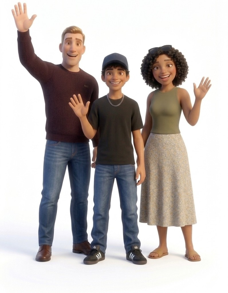 Rob, Elias, and Cy Wiebe waving — animated family illustration